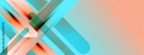 Abstract geometric shapes overlap. Soft gradients create depth, using teal, orange, gray tones. Minimalist design suggests modern aesthetic.