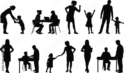 Family and parenting silhouettes set showing parents teachers and children interaction, education guidance care scenes, black vector illustration isolated