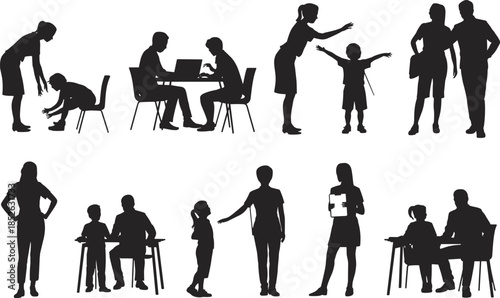 Family and education silhouettes set, parents teachers and children interaction scenes, learning guidance care concept, black vector illustration isolated
