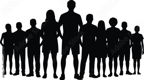 Group of children silhouettes standing together, boys and girls teamwork concept, diverse kids community, black vector illustration isolated