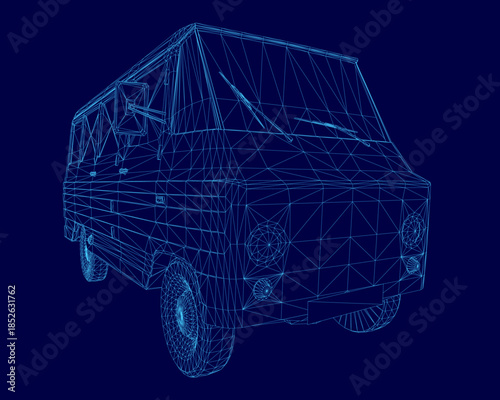 A detailed 3D wireframe model of a van is displayed on a solid blue background, highlighting the vehicle's structural design and contours.