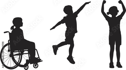 Inclusive children silhouettes with wheelchair child and active kids celebrating success, diversity equality concept, joyful childhood activity, black vector illustration