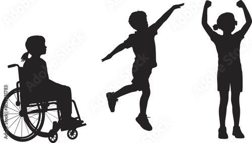 Inclusive children silhouettes celebrating and playing together, wheelchair child and active kids poses, diversity equality concept, black vector illustration isolated
