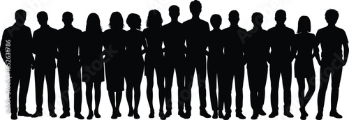 Large group of people silhouettes standing together, diverse men and women crowd, teamwork community concept, black vector illustration isolated