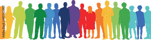Colorful people silhouettes, diverse men women group standing together, rainbow human figures community diversity inclusion concept isolated vector illustration design