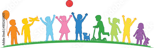 Colorful children silhouette vector illustration, kids playing together outdoors, joyful childhood diversity concept, flat design isolated white background, creative artwork