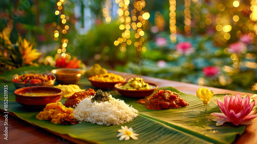 Traditional Indian sadhya meal serving on banana leaf