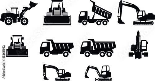 Construction machinery silhouette icons set, excavator dump truck bulldozer loader, heavy equipment vector, industrial vehicle illustration collection