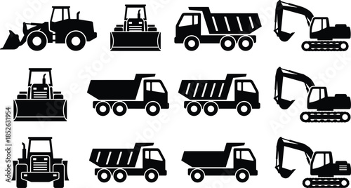 Construction vehicle silhouette vector set, heavy machinery equipment icons, dump truck excavator bulldozer loader, black industrial illustration collection