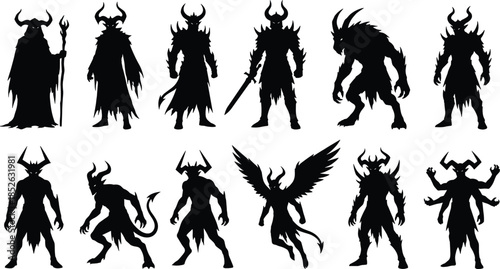 Fantasy demon silhouette characters vector set, dark monster warriors collection, horned creatures, evil mythology figures, black isolated designs