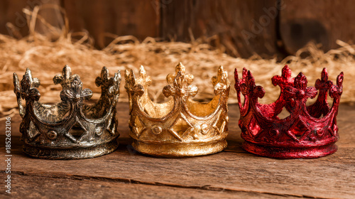 Three Kings crowns representing Epiphany and Christmas Nativity