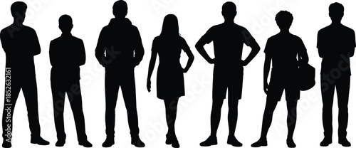 People silhouettes standing together, men women group lineup, human figures isolated on white background, teamwork diversity concept vector illustration