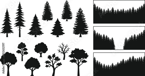 Pine tree silhouette set, forest landscape borders collection, black nature elements, woodland scenery, flat vector illustration isolated on white