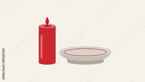 Red wax candle and empty ceramic plate on a light background, minimalist illustration.