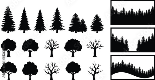 Tree silhouette vector set, forest landscape borders collection, pine and deciduous trees, black nature elements isolated on white