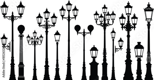 Vintage street lamp silhouette vector set, classic ornate lantern light posts collection, black decorative urban lighting elements isolated