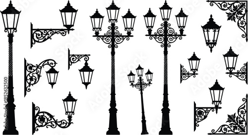 Vintage street lamp silhouette vector set, ornate wall lantern brackets collection, classic decorative iron lighting elements isolated white background