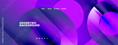 Abstract geometric background. Purple, blue hues blend. Navigation menu present. Modern design elements visible. Simple, clean aesthetic.