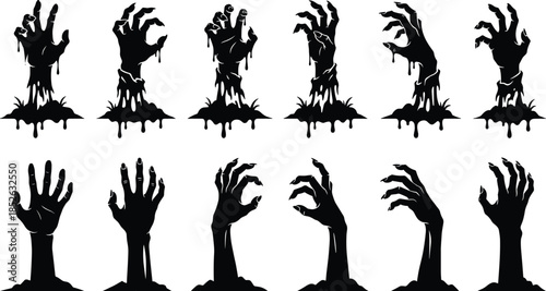 Zombie hand silhouette vector set, creepy horror hands emerging from ground, spooky halloween concept, black dark illustration isolated