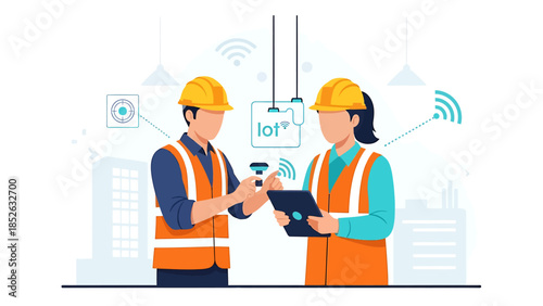 Two construction workers collaborating with technology on a project.