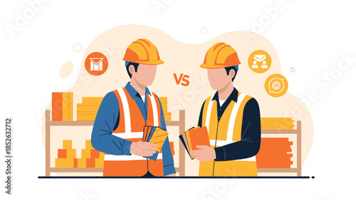 Two construction workers comparing notes and plans on a job site.