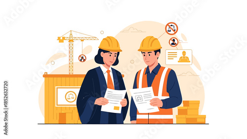 Two construction workers discussing blueprints on a site.