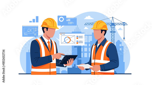 Two construction workers discussing plans on a tablet.