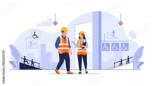 Two construction workers discussing plans at a building site.