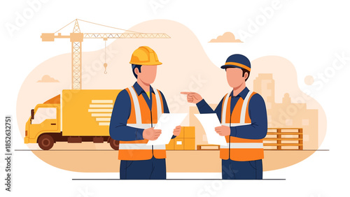 Two construction workers discussing plans on site.