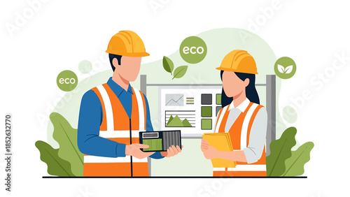 Two construction workers in hard hats and vests discussing a project.