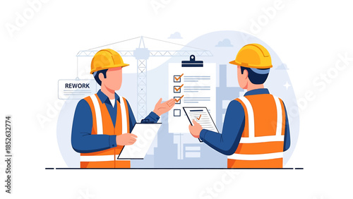 Two construction workers in hard hats and safety vests reviewing a checklist on a clipboard.