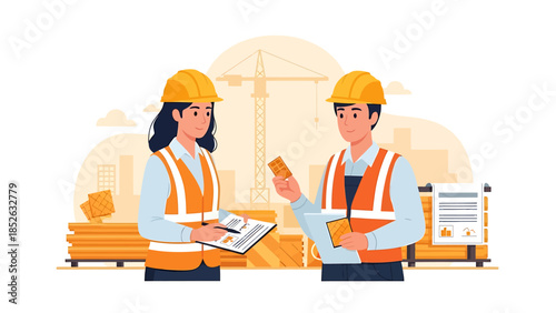 Two construction workers in hard hats and vests discussing plans.