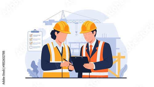 Two construction workers in hard hats discussing plans.