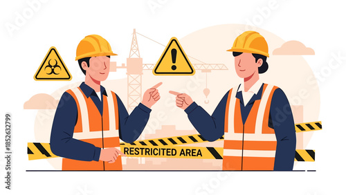 Two construction workers in hard hats and vests pointing at each other.