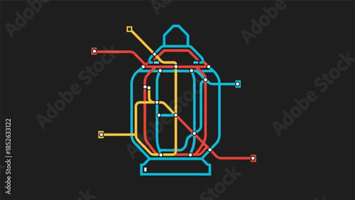 Abstract metro map lines forming a traditional lantern shape on a dark background, representing connectivity and light.