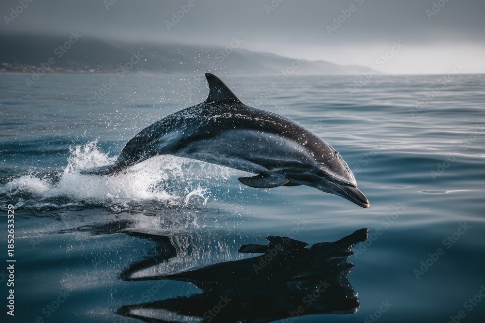Fototapeta premium This stunning marine wildlife shot features a dolphin leaping from the water, its graceful form reflected in the sea's surface, emphasizing the beauty of this aquatic mammal