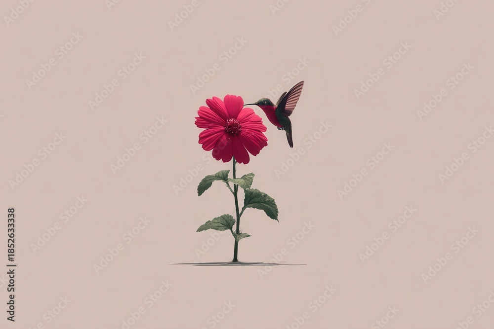 Naklejka premium A striking composition features a hummingbird poised to collect nectar from a vibrant flower, a captivating moment showcasing nature's delicate balance