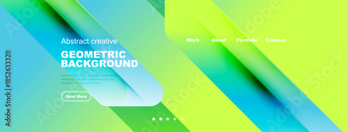 Abstract geometric background design. Vibrant colors blend, creating modern visual appeal. Includes text elements, navigation options.