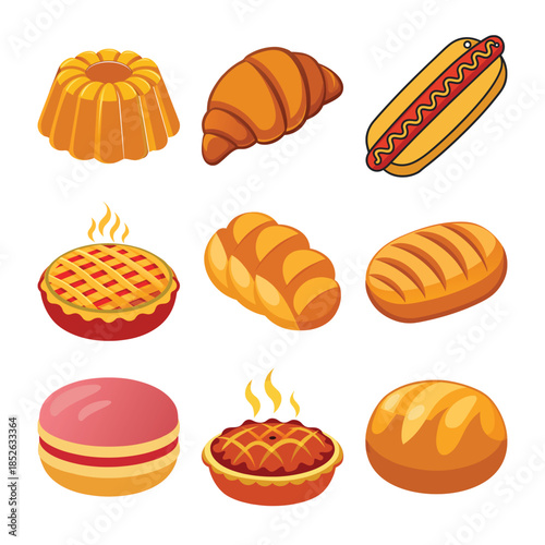 A set of vector illustrations of various bakery items, including waffle, croissants, macarons, hot dogs, and more.