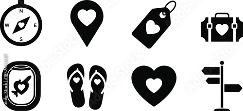 Travel Icons with Heart Motifs for Romantic Getaways