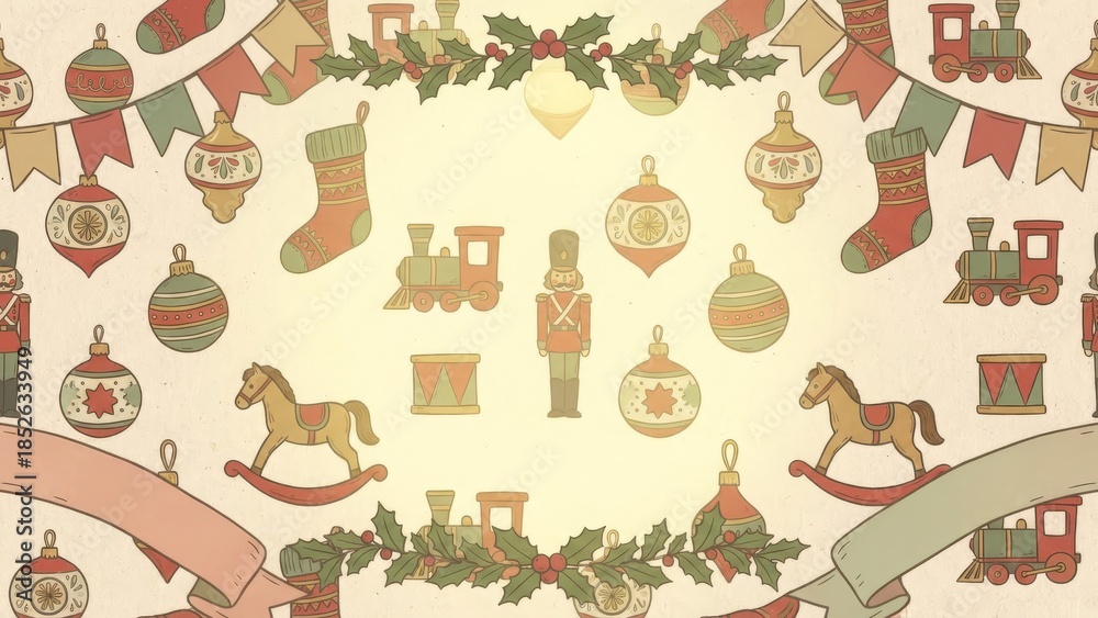 Fototapeta premium Festive Christmas Pattern with Ornaments and Stockings.