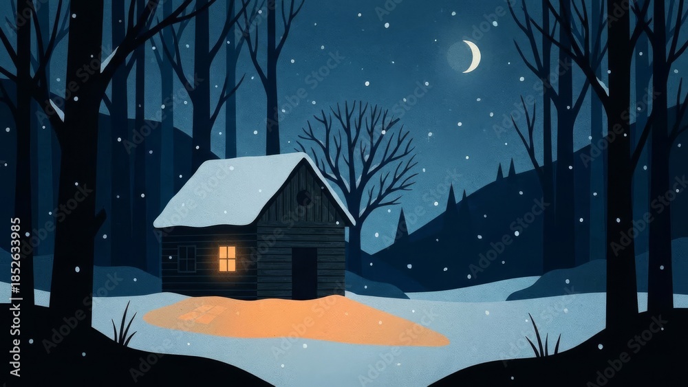 Fototapeta premium Cozy Nighttime Cabin in Snowy Forest.