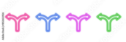 Neon glowing split arrows vector icons set, choice, direction, options, decision, path, vibrant digital design illustration.