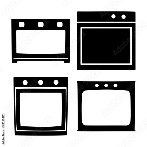 Stylized kitchen ovens, cooktops, and range appliances set.