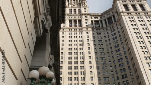 New York City Downtown Civic Center, United States of America. Manhattan municipal building 1914, old historic architecture. Government administration authority. Low angle view from Chambers street.