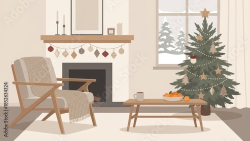 Cozy Winter Living Room with Christmas Tree and Fireplace.