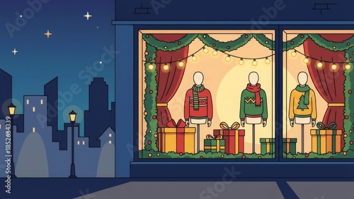 Nighttime City Storefront Window With Shoppers And Gifts.