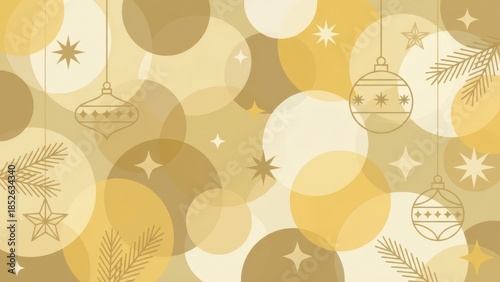 Golden Festive Background with Ornaments and Bokeh Lights.