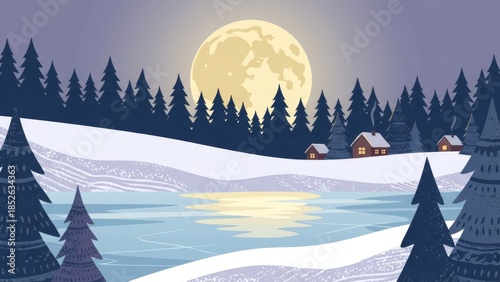 Moonlit Winter Landscape Over Snow Covered Lake.