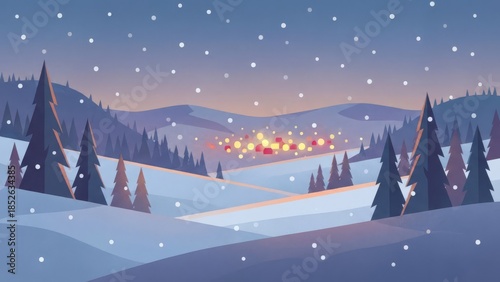 Peaceful winter village panorama under snowfall at dusk.